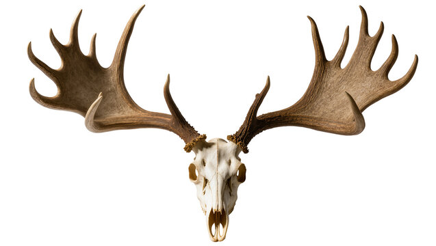 Large moose skull with impressive antlers, isolated on transparent background