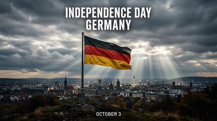 Independence day germany, german flag proudly waving over cityscape under dramatic sky.