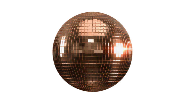 Shiny copper disco ball with reflective square mirrors, isolated on transparent background