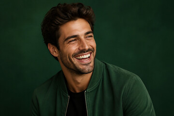 Fototapeta premium Young man smiling and looking away in green studio portrait