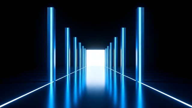 Blue neon pillars in a dark corridor