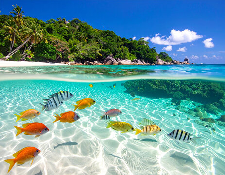 Tropical fish swim in clear ocean water
