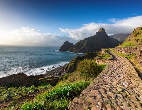 cobblestone path along the coast on santo antao trekking from village to another ruins of aranhas cabo verde
