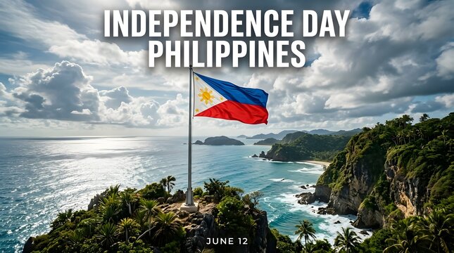 National independence day Philippines poster featuring flag on coastal cliff with seascape.