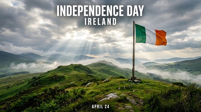 Stunning landscape featuring irish flag waving atop mountain peak under sunlit cloudy sky.