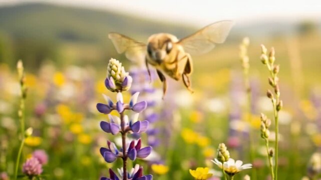 Honey bee hovering above a colorful wildflower meadow on a sunny day. Ideal visual for pollination, biodiversity, ecosystem health, sustainable agriculture, and environmental conservation.