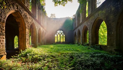 Naklejka premium majestic ruins of an ancient building sun beams passing through windows enlightening plants sprouting gatineau quebec