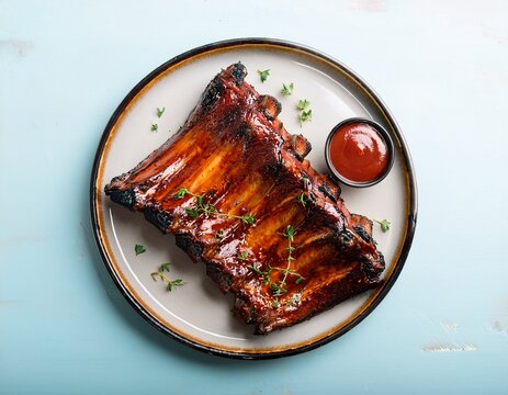 grilled spare ribs on a plate with sauce from a summer bbq with a top view and copy space