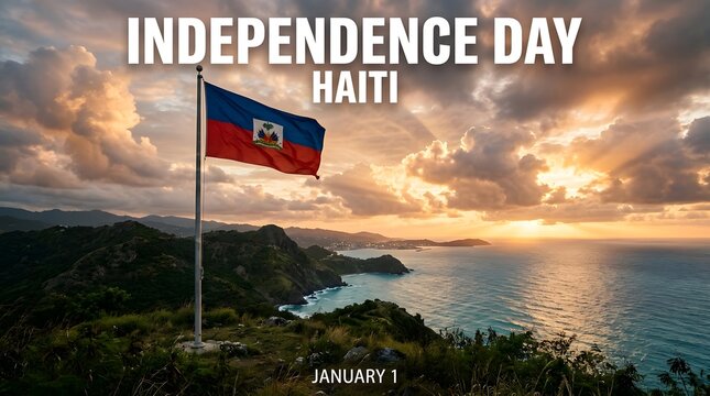 Independence day haiti january 1 banner with national flag waving on scenic coastal hilltop.