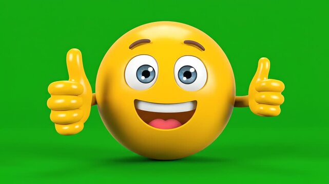 Happy yellow smiley face emoji giving two thumbs up with a big smile and blue eyes on a green background