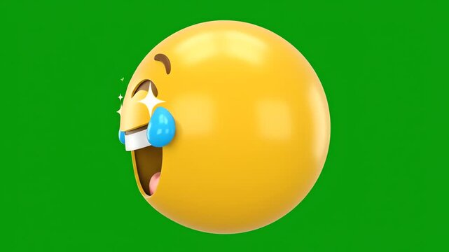 Yellow laughing emoji with tears of joy and open mouth on a green screen background, expressing extreme happiness