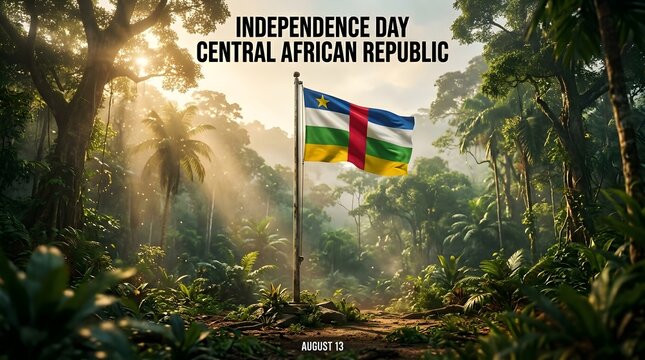 Independence day central african republic text with flag in lush green forest background.
