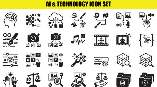 Ai and technology icon set for generative media visual processing and digital content creation tools.