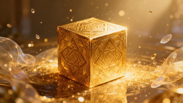 Golden ornate cube with sparkles