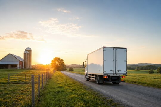 Refrigerated Dairy Truck Leaving Organic Farm at Dawn