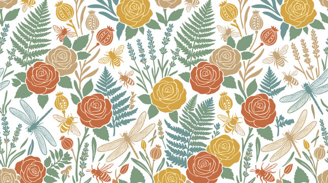 Vibrant Botanical Pattern with Roses Dragonflies and Bees for Textile or Decor