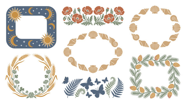 Collection of decorative frames and borders with natural elements perfect for rustic or whimsical design projects