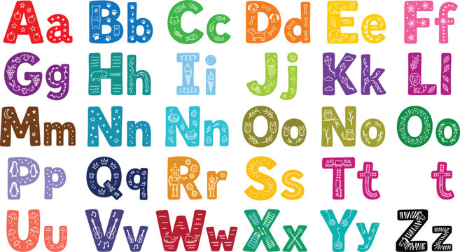 Colorful hand drawn alphabet with cute animal and object patterns for learning and educational school posters.