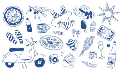 Hand drawn Mediterranean lifestyle collection with Italian food, seafood, travel and summer vacation elements. Vector sketch set with pizza, olives, wine, scooter, beach accessories, coastal symbols © Катерина Фирсова