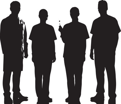 Silhouette of four men standing together in a group on a white background