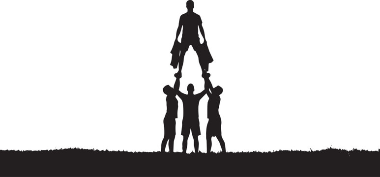 Silhouette of four people building a human pyramid of teamwork