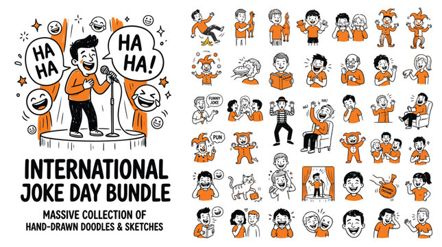 International Joke Day bundle, massive collection of hand-drawn doodles and sketches, orange and black comedy character icons, funny humor vector set