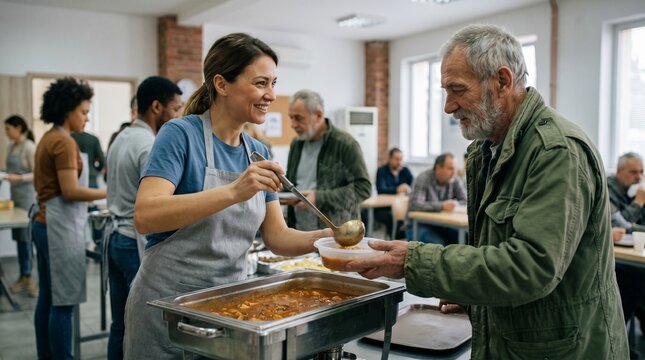 Volunteer serving hot soup to a man at a soup kitchen providing food for the homeless and needy
