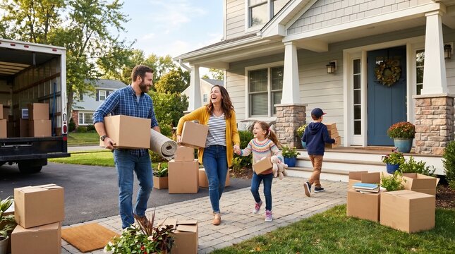 Happy family moving into new home carrying boxes and rug with moving truck in background