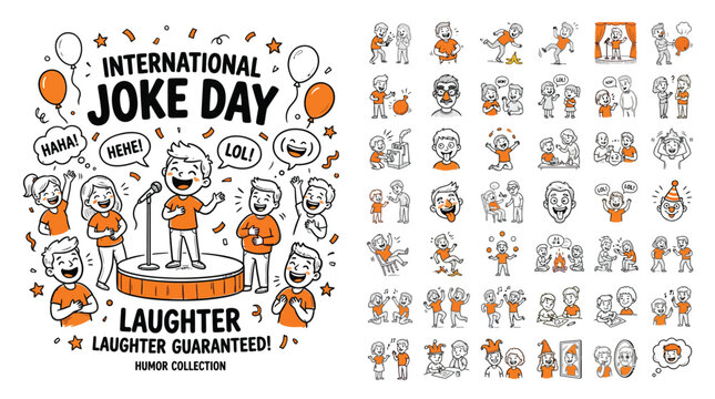 International Joke Day humor collection, 40 hand drawn icons of people laughing and telling jokes, orange and black doodle vector set for comedy events