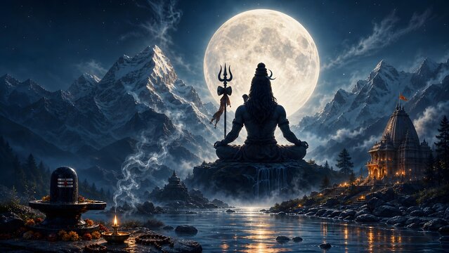 Lord Shiva Meditating In Himalayas Mountains Under Majestic Full Moon Banner Background
