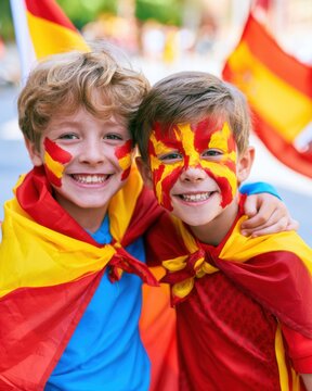 Spanish children football supporters with face paint and flags, joyful atmosphere, future generation of fans 