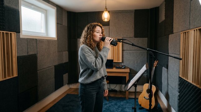 A woman with curly hair sings into a microphone in a soundproof recording studio with an acoustic guitar nearby