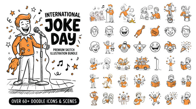 International Joke Day doodle illustration bundle, over 60 comedy icons and scenes, hand drawn sketch set for stand up comedy and humor