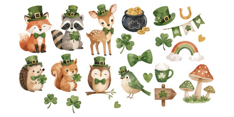 Fototapeta premium Watercolor cute woodland animals St Patricks Day green holiday set