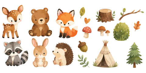Obraz premium Watercolor cute woodland animals and tribal forest camping elements set