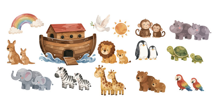 Watercolor Noahs ark story illustration with cute animals couples set