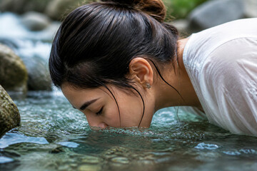 Fototapeta premium Woman drinking water from mountain stream in nature