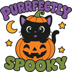 Fototapeta premium Cute Halloween black cat peeking out of a jack-o-lantern with text 'Purrfectly Spooky' and moon and stars
