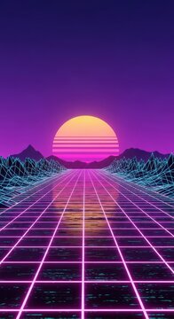 A glowing neon pink and blue cybernetic grid stretches toward a digital horizon with futuristic mountains under a retro synthwave sunset, futuristic, art, outrun