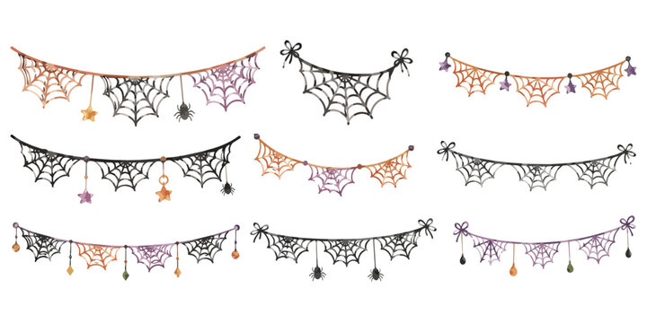 Watercolor Halloween spiderweb garlands and spooky bunting banners set