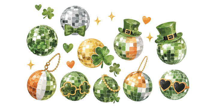 Watercolor St Patricks Day disco balls and lucky green party elements
