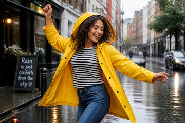 Naklejka premium Woman dancing in yellow raincoat on wet city street