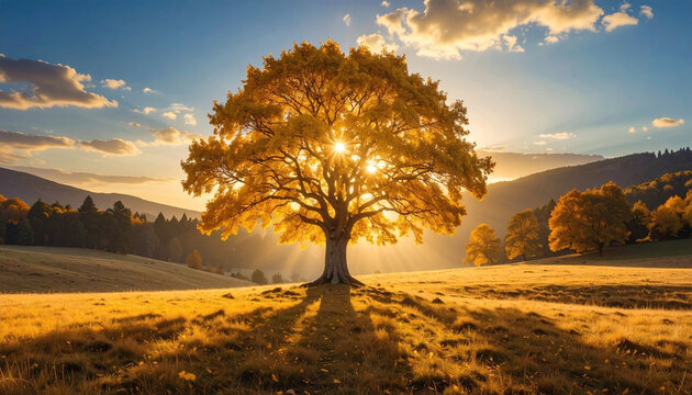 Golden tree with sunburst in a field landscape