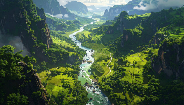 Lush mountain river valley landscape aerial view