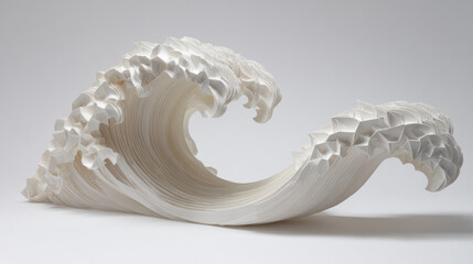 A single ocean wave made of folded paper, sculptural form, studio lighting, white background.