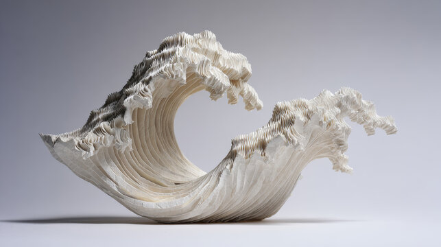 A single ocean wave made of folded paper, sculptural form, studio lighting, white background.