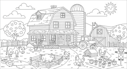 Fototapeta premium Farm scene coloring page vector line drawing for books and artistic activities