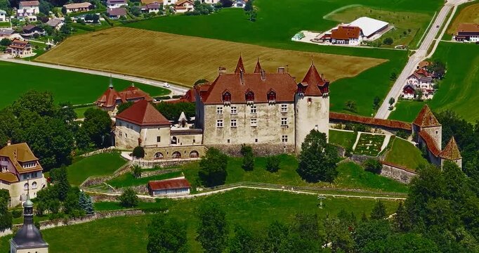Aerial view of beautiful Gruyeres Castle in Switzerland