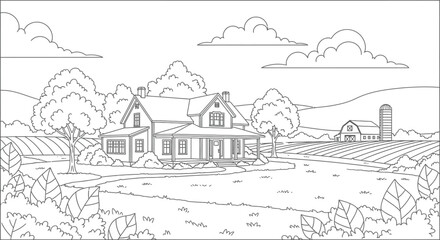 Fototapeta premium Farmhouse coloring page vector illustration line art drawing for books activities