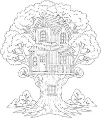 Naklejka premium Treehouse coloring page vector detailed line drawing for books and art therapy
